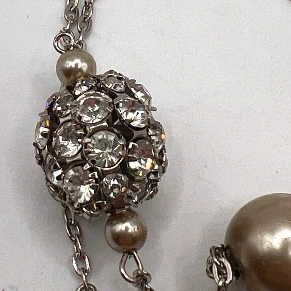 Glamorous‎ Long Champagne Crystal & Faux Pearl Station Necklace Silver Tone 40